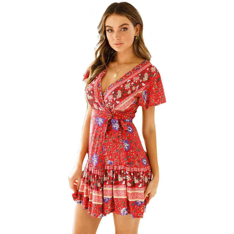 Zomerjurk vrouwen 2022 v-neck sexy boho jurk print korte rok g220510