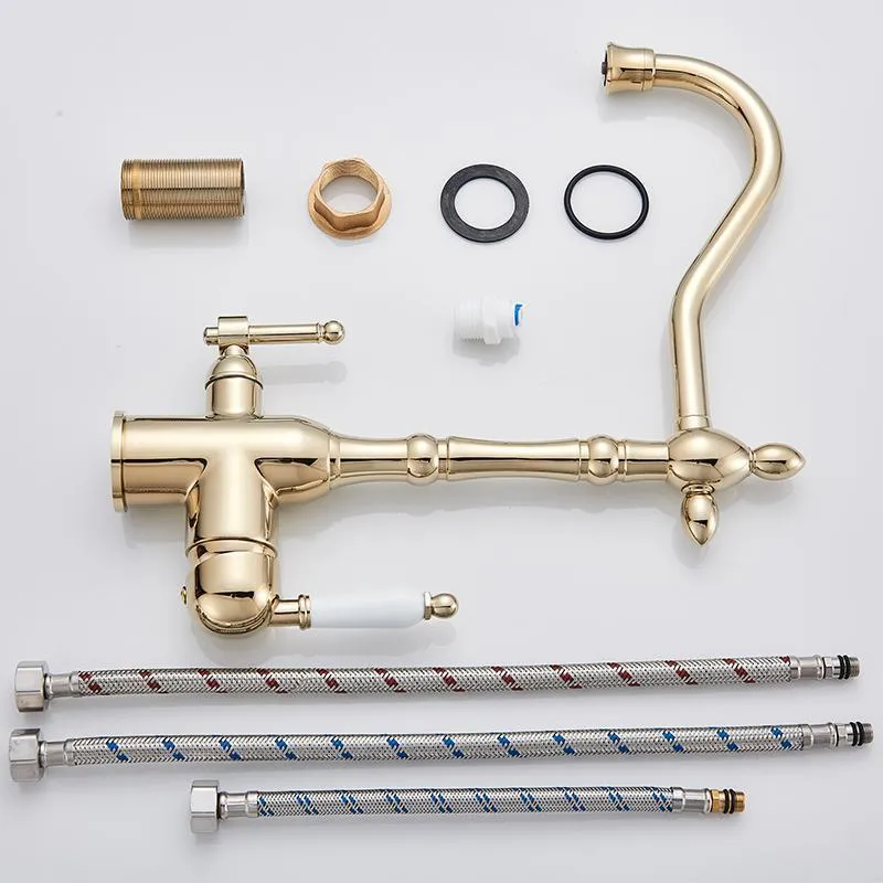 quyanre golden chrome Filter Kitchen Faucets Deck Mounted Torneira Cozinha Mixer Tap Cold and hot Water Purification Crane For Kitchen1