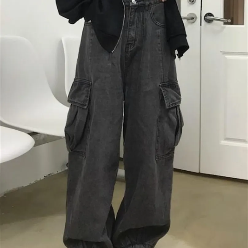 QWEEK Grunge Streetwear Jeans larghi grigi Donna Tasche oversize moda coreana Pantaloni cargo in denim Pantaloni a gamba larga hip-hop 220624