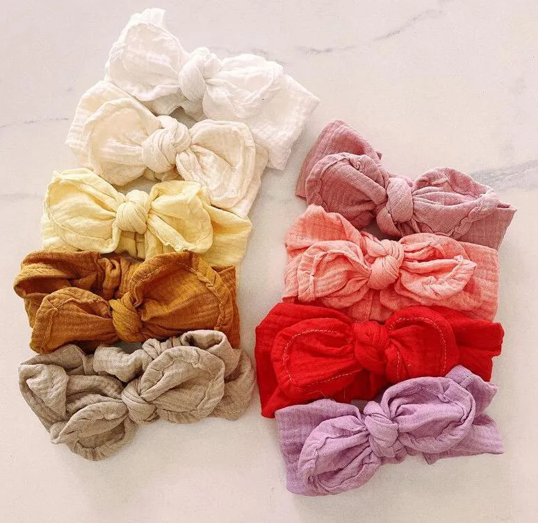 Nowa bawełniana opaska na głowę dziewczynki muślin bawełniany Krążony króliczek Uszy Turban Bow Elastic Hairband Kid Murwear