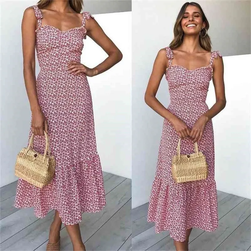 Sexy dentelle fleur imprimer sans manches robe MIDI été vêtements décontractés pour femmes dentelle arc volants robe à bretelles femmes 210401