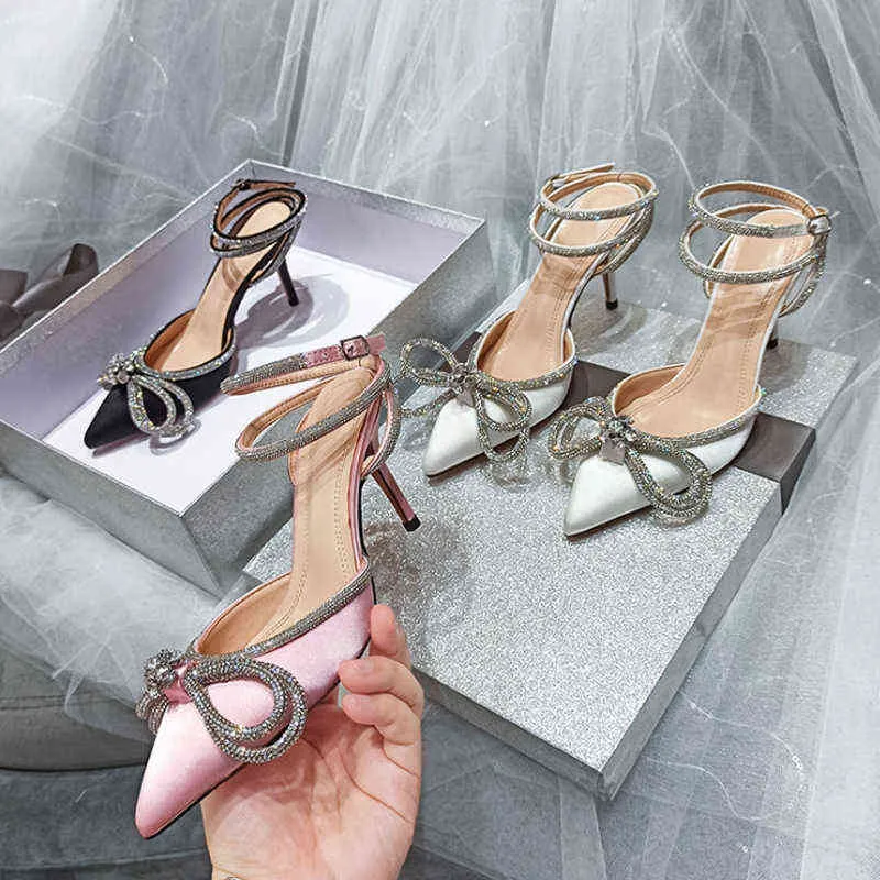 Dress Shoes Fashion 2022 New Bow Diamond Pointed Silk Sandals Women's Strap Thin Heel High Heels