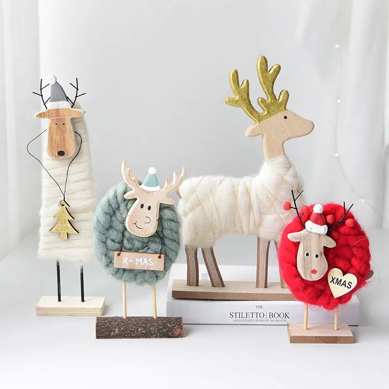 Nordic Cute Sheep Wool Felt Christmas Wood Tree Ornaments Nyårsgåvor Desktopborddekorationer för hemträd Toys Doll 201027