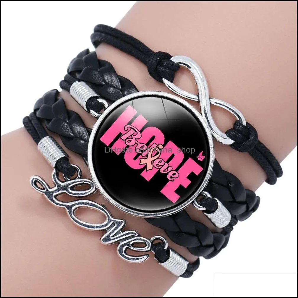 New Pink Ribbon Breast Cancer Awareness Bracelets For Women Faith Hope Cure Believe Charm Bangle Fashion Inspirational Jewelry