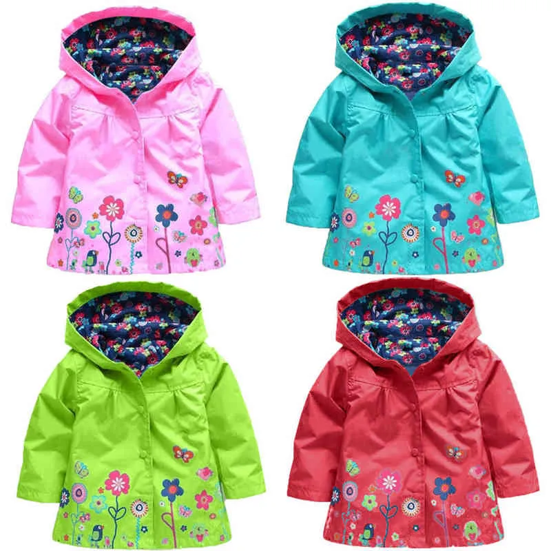 Toddler Cute Girls Raincoat 2021 New Flower Spring Autumn Hooded Jacket For Kids High Quality Children Present Outerwear J220718