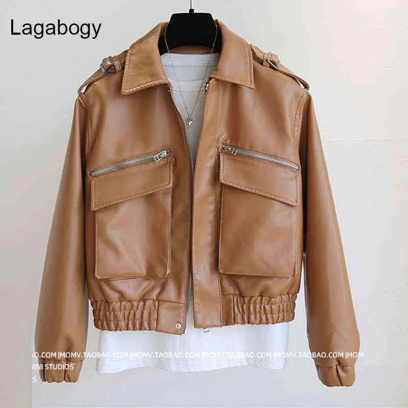 Lagabogy New Autumn Brown Short Faux Leather Coat Women Spring Long Sleeve Biker Jacket Female Zipper Causal Pocket Outwear L220728