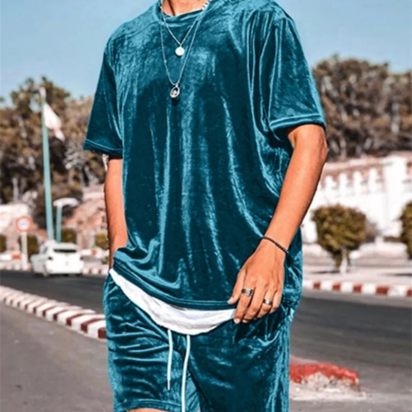 INCERUN Mens Velour Streetwear Suit Set Short Sleeve O Neck