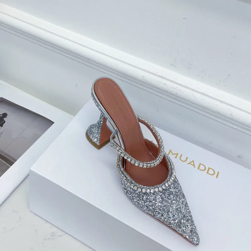 Crystal Embellished Glitter Mules Amina Muaddi Gilda Slip Ons With