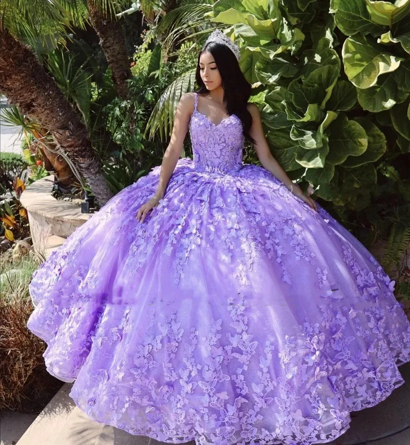 Açık mor vestido de 15 anos quinceanera elbiseler kelebek aplike tatlı 16 ayva xv balo elbiseleri