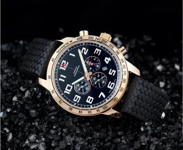 Movimiento de cuarzo masculino Cronómetro cronógrafo reloj de pulsera caja de oro balck Relojes de goma para hombre 544