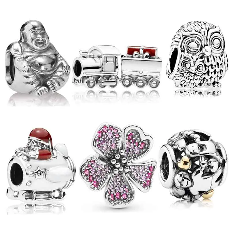 925 Silver Fit Pandora Charm 925 Pulsera Vintage Cute Relax Meditation Buddha Christmas Train Bead charms set Colgante DIY Fine Beads Jewelry