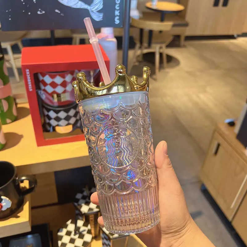 Starbucks Glass Straw Cup Anniversary Golden Crown Goddess Water Cup Dream Colorful Fish Scale Cup With Cover