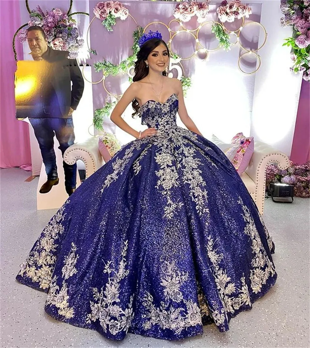 Navy bleu sequin quinceanera robes de bal robe de bal formel robes de graduation de bal princesse sweet 16 vestide vestide de 15 aos