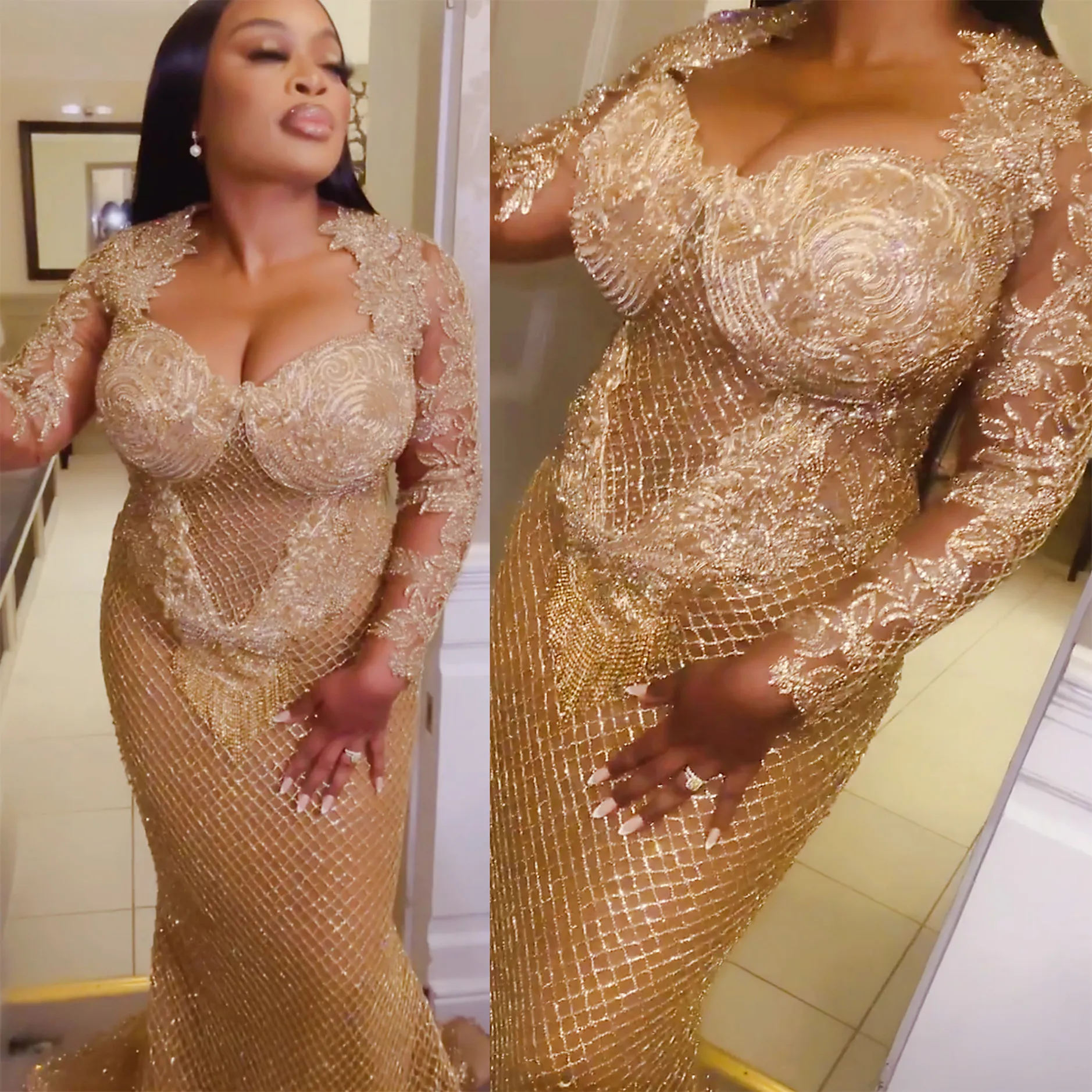 2022 Plus Size Arabisch Aso Ebi Gold Meerjungfrau Luxuriöse Ballkleider Perlen Spitze Abend Formale Party Zweiter Empfang Geburtstag Verlobungskleider Kleid ZJ033