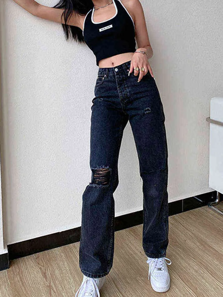 Nowe mody damskie damskie dżinsy Casual szeroko umyte nogi proste zerwane środkowe rise czarne dżinsy kobiety T220728
