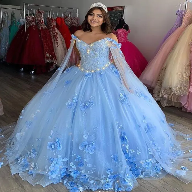 Abiti Quinceanera lavanda azzurri Principessa 2022 con maniche Fiori in rilievo Dubai Ball Gown Prom Dress Princess Birthday 15 Abiti da festa Sweet 16 Years Wear