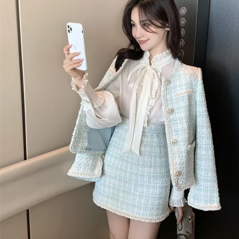 Sweet Tweed Beaded Womens Jacket And Coat Set High Quality