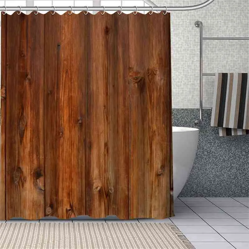 カスタムオールドウッドシャワーカーテンdiyバスルームカーテンファブリック洗浄可能なポリエステルバスタブアート装飾ドロップ210402
