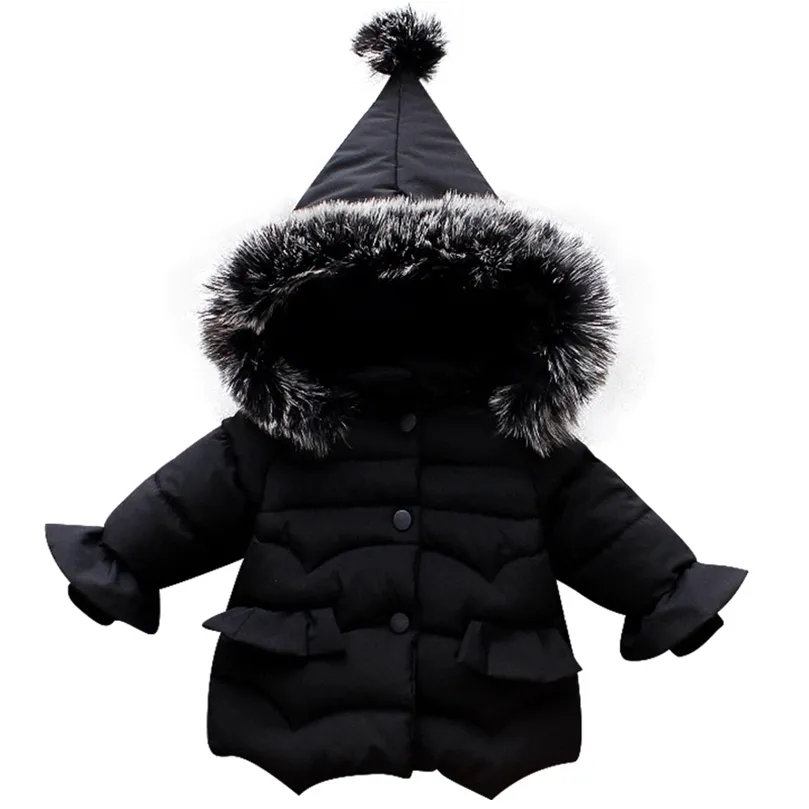 Winter girl's cotton coat jacket girl baby cotton padded thickened warm big wool collar hooded cotton jacket LJ201130