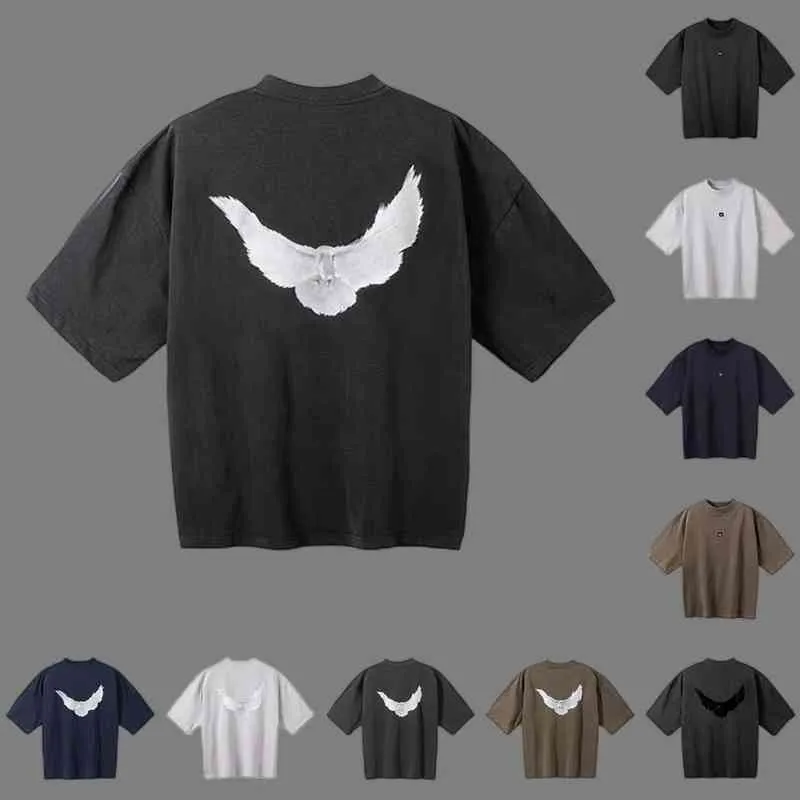 Designer Kanyes Classic Wests T Shirt Three Party Joint Peace Dove Printed Washing Water Short Sleeves High Street Mens And Womens Tees