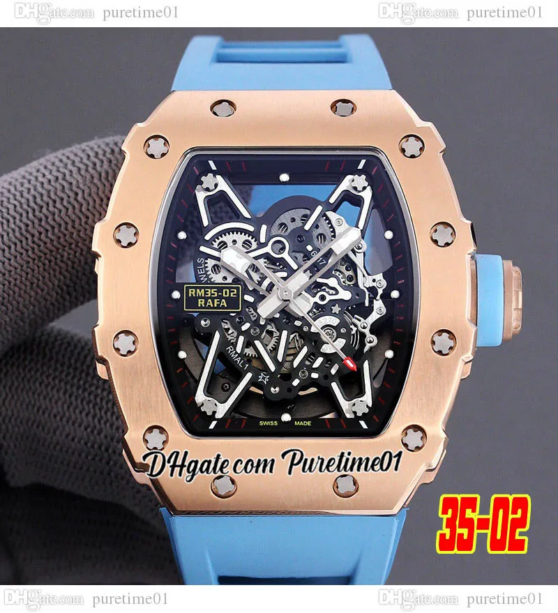 2022 miyota automática masculina relógio 18k Rose Gold Black Skeleton Dial Blue Rubber Strap Super Edition PureTime01 E272-3502