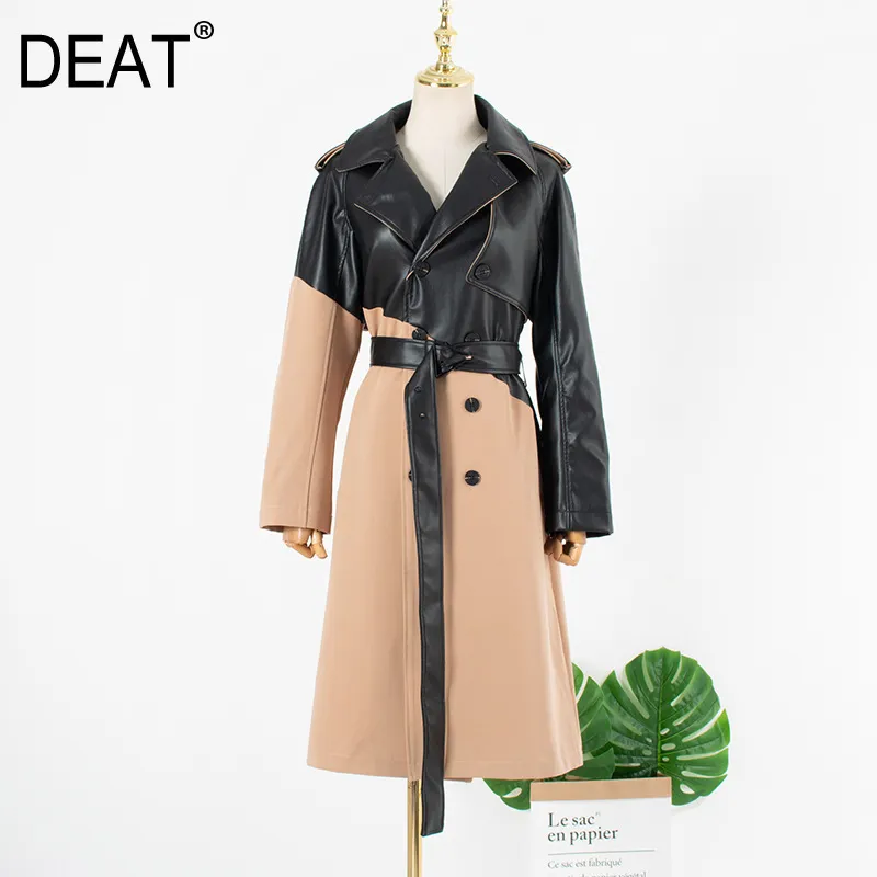 DEAT Womens Woolen Coat Full Sleeve Slim Sashes Lapel PU Leather Patchwork High Quality Casual Autumn Fashion AM759 201102