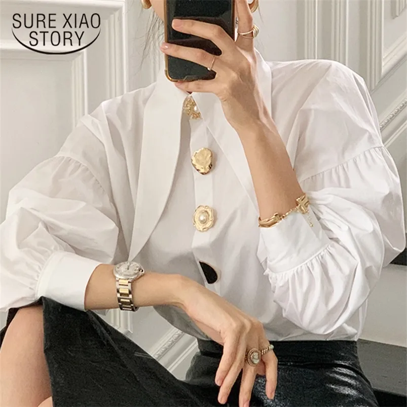 Camisa coreana con cuello vuelto para mujer, talla grande, manga farol, blusa blanca para mujer, Tops con botones, ropa de mujer a la moda, Blusas 15631 220513