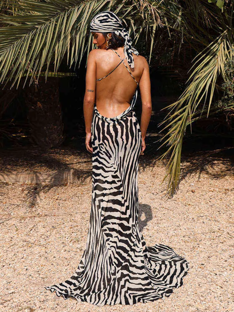 Seksi Backless Bandaj Yüksek Yarık Plaj Maxi Elbise Kadınlar 2022 Yaz Sundress Zarif Moda Çizgili Zebra Baskı Elbiseler Vestido Y220413