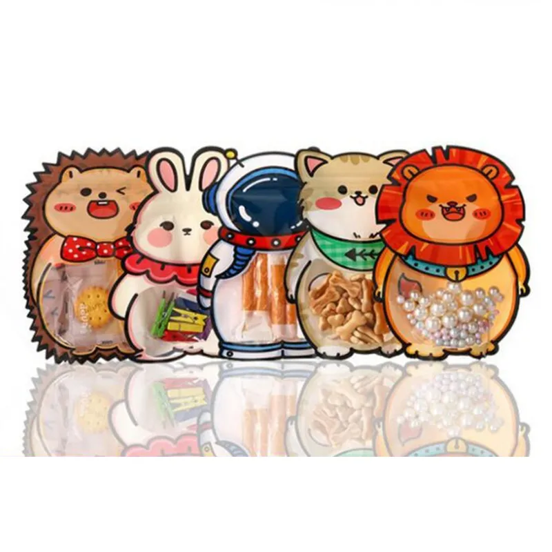 Bonito coelho leão gato ouriço animal forma plástico stand up zipper bloqueio embalagem saco para biscoitos doces café saco de armazenamento alimento