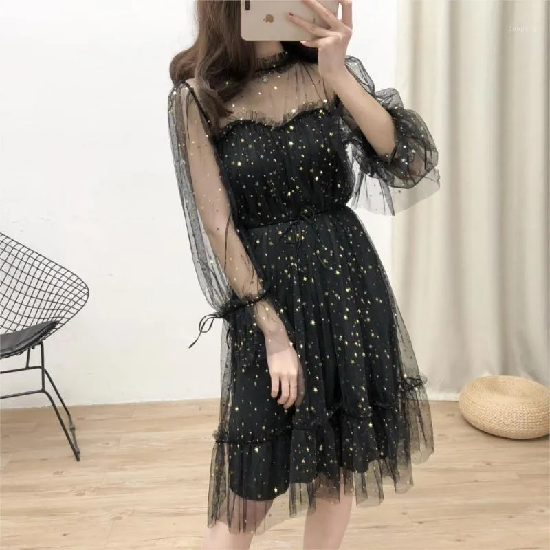 Vestidos casuais vestido glitter lantejous mulheres malha transparente bufle festa sexy elegante 2022 inverno roupas pretas robe db987