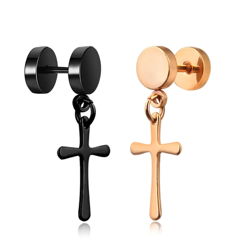 Trendy Cross Dumbbell Stud Earring Roestvrij staal vrouwen Men Punk Gothic Studs Oorbellen Rotsstijl Coole sieraden 1 PCS