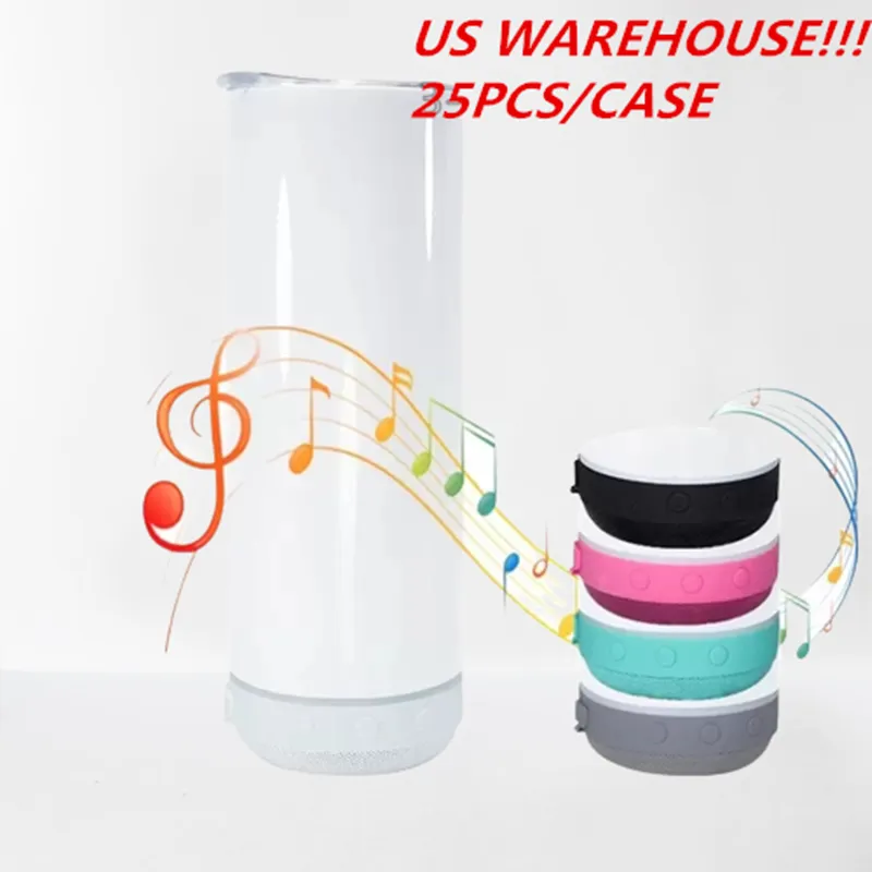 US Warehouse 20oz تسامي مكبر صوت Tumbler Music Cup Music Cup Mix Bluetooth Bottom. استمع إلى الموسيقى