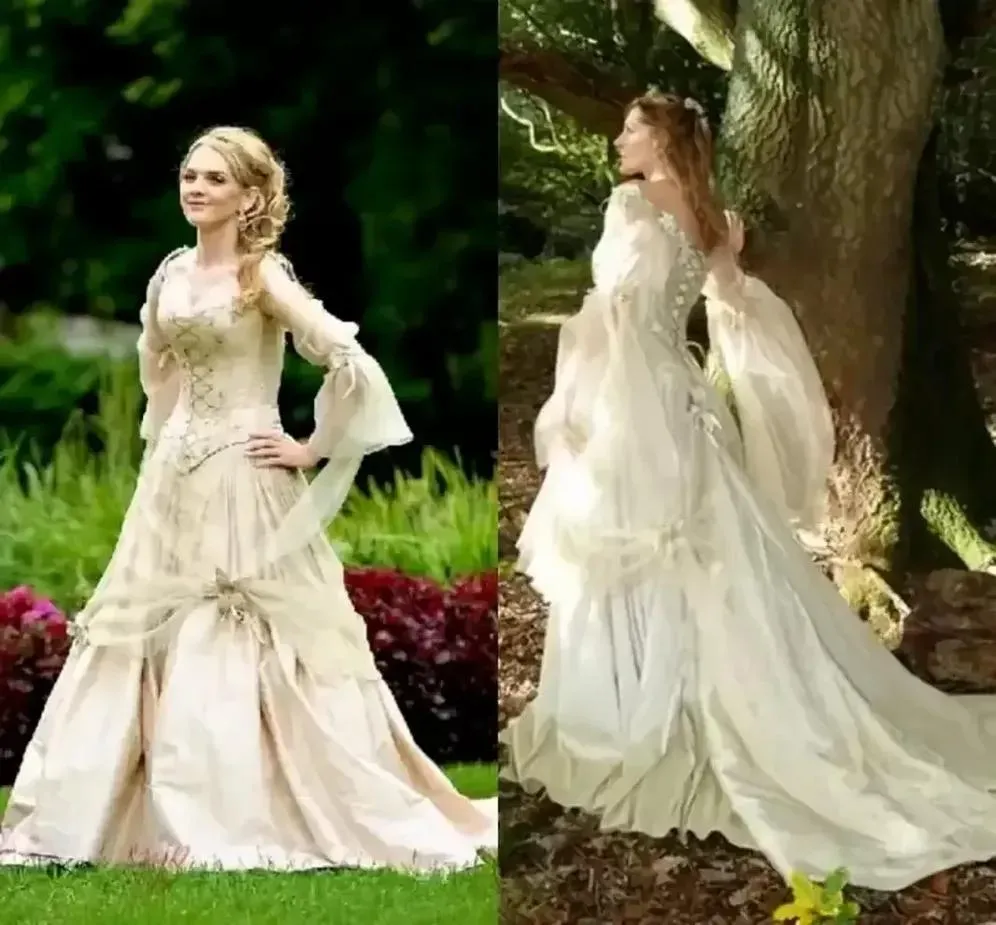 Robes de mariée gothiques vintage princesse corset dos manches longues champagne pays jardin robe de mariée celtique Renaissance Cosplay Boho robes de mariée