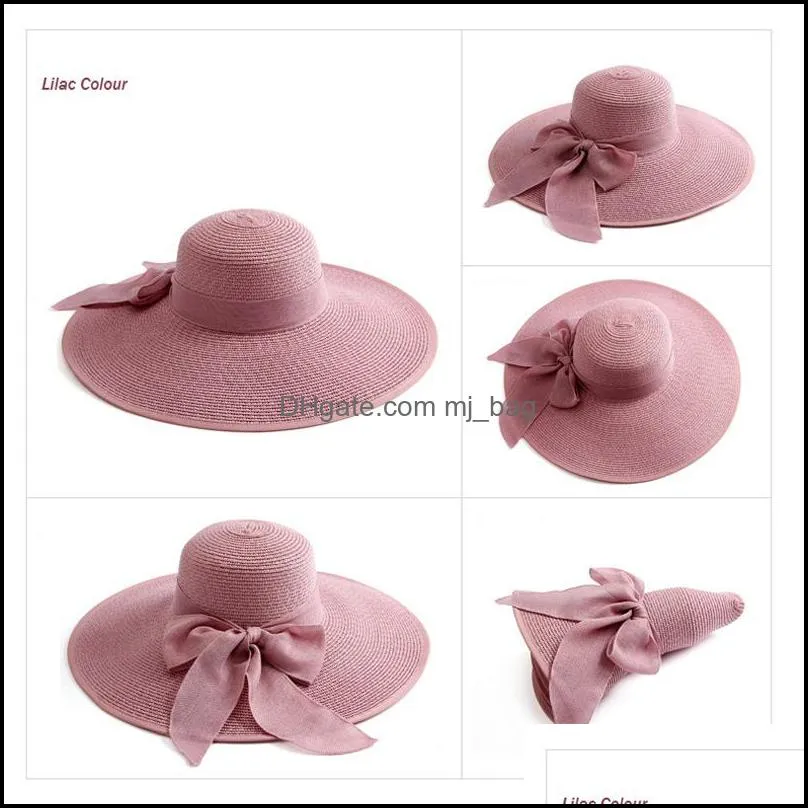 summer women beach straw hat breathable sun hat lady fashion wide brim straw hats outdoor travel foldable bow tie hats 11 colors