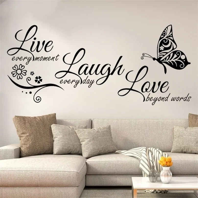 Canlı Laugh Love Kelebek Çiçek Duvar Sanat Modern Duvar Çıkışları Tırnaklar Vinil Stickers Ev Dekor Oturma Odası 220727