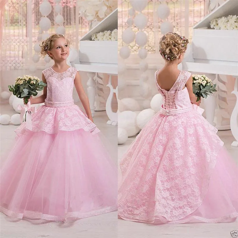 Vestidos de niña Elegante vestido de niña de flores Capas mullidas Sin mangas Tul de encaje para vestidos de desfile de cumpleaños de primera comunión