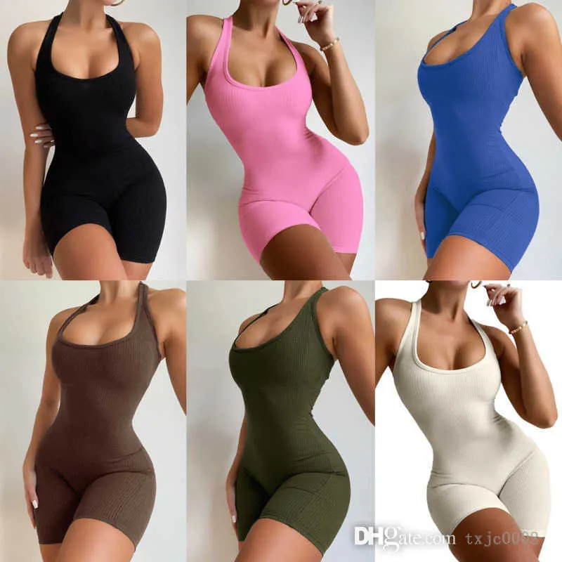 Sexy Jumpsuits For Womens Rib Knitted Short Rompers Designer Clothing High Waist Tight Sports Yoga Pants Outfits Bodysuits