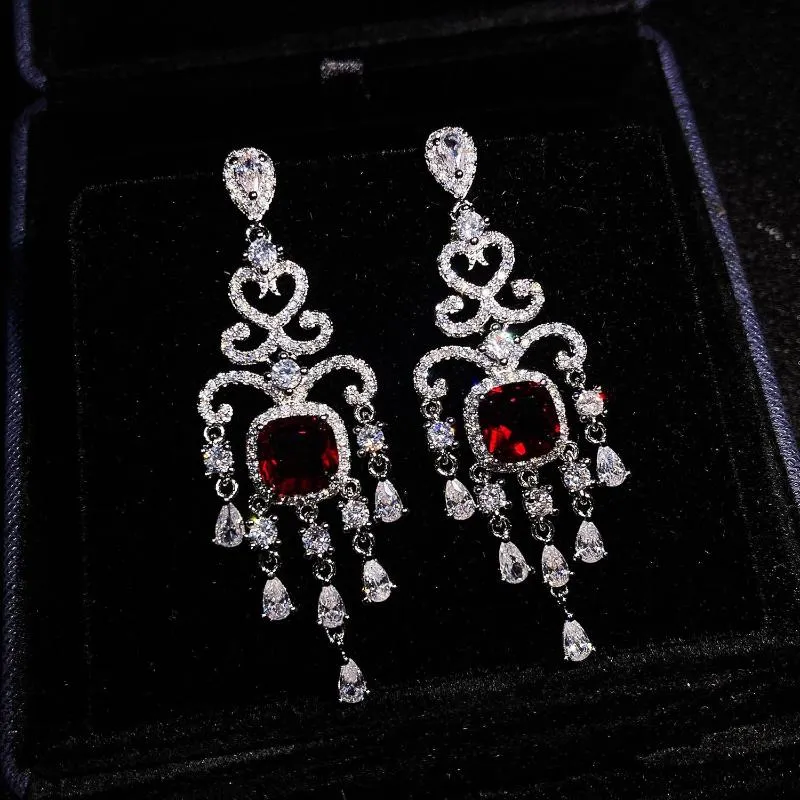 Stud Pigeon Blood Ruby Big Drop Earrings vrouwen Hyperbole Crystal Cubic Silver Color Sieraden Vintage Aretes Fine Wedding Party Studstud