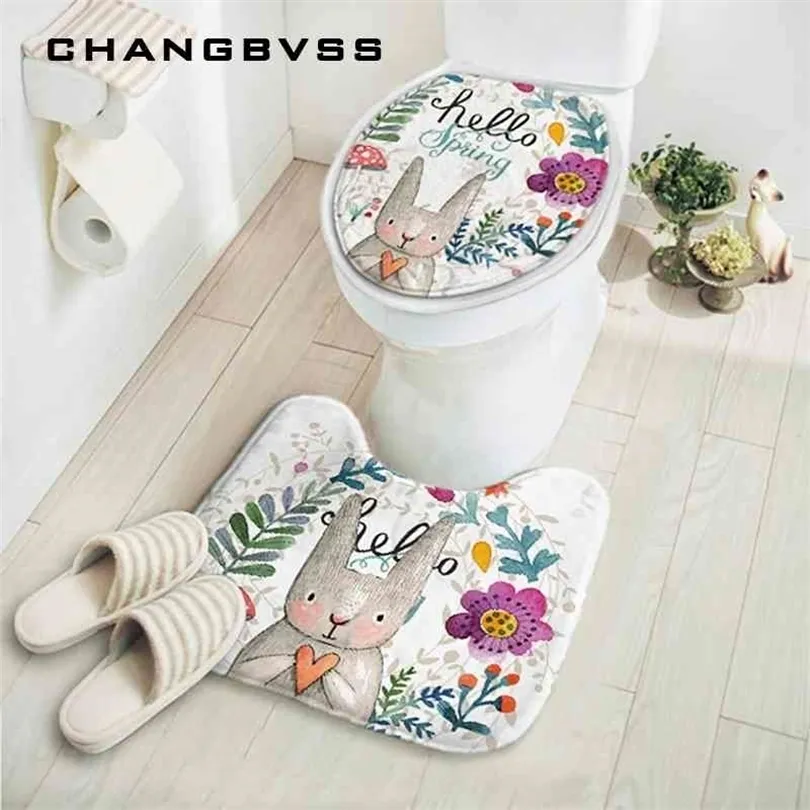 2pcs/set New Cut Cartoon Rabbit Animal Pattern Bathroom Set Carpet Absorbent Non-Slip Pedestal Rug Lid Toilet Cover Bath Mat 210401