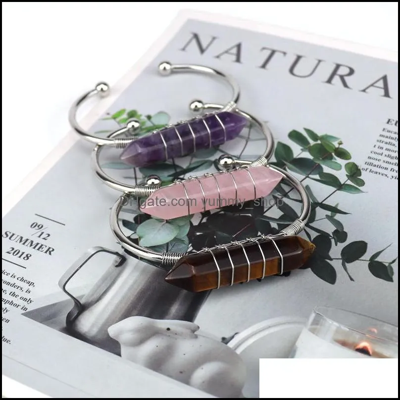 wire wrap natural stone hexagonal prisms bracelet amethyst aventurine pink crystal bangle bracelets for women jewelry