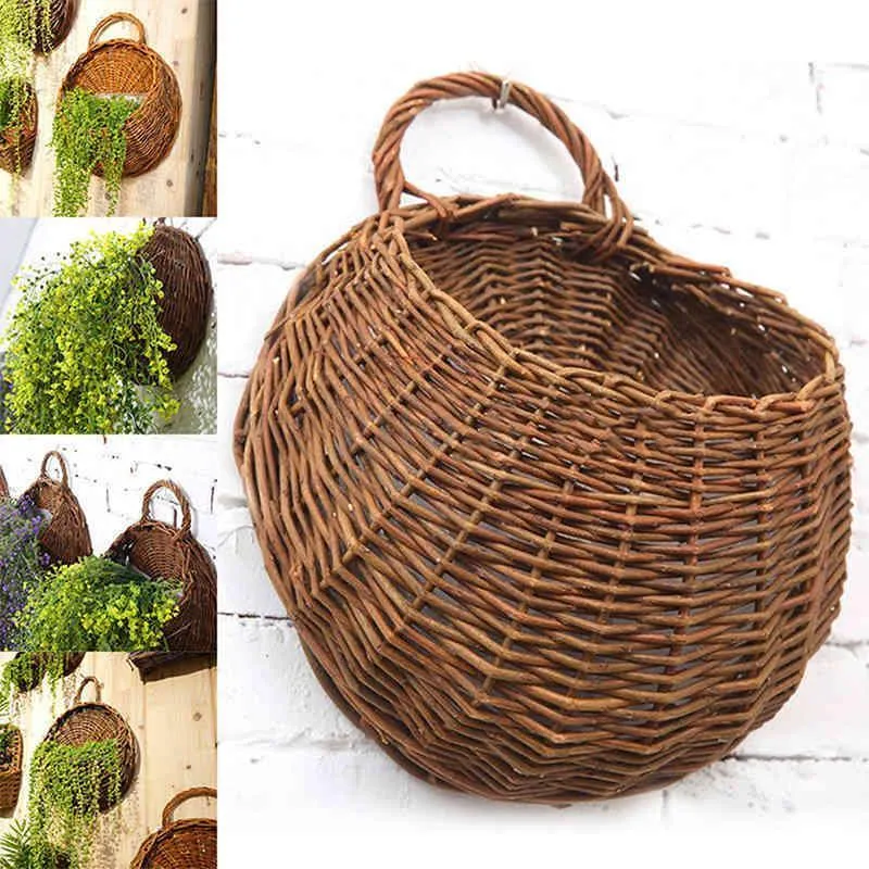 1pcs wicker brown wood wall hanging pocket basket flat back door decoration