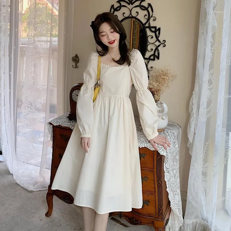 Casual jurken vrouw jurk herfst 2022 stijl Koreaanse mode elegante effen kleur vierkante nek taille ontwerp vrouwen vestido de mujer