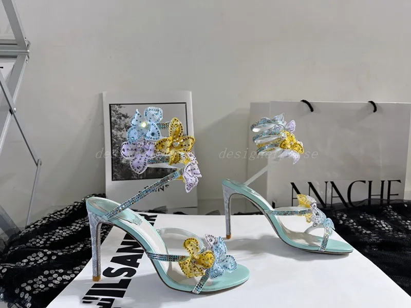 Floriane Heels Женщины роскошные дизайнерские скользящие шлепанцы Flops Flowers Sandals 20SS Хрустальные серпантинные туфли Sexy Strass Cleo Sandals Party High Heel Sandal Eu35-43