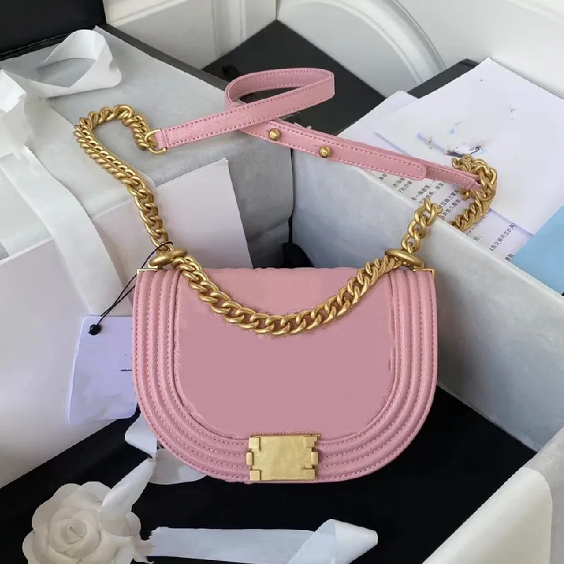 Designer Caviar Pink Leather Saddle Crossbody Bag With Chain Strap