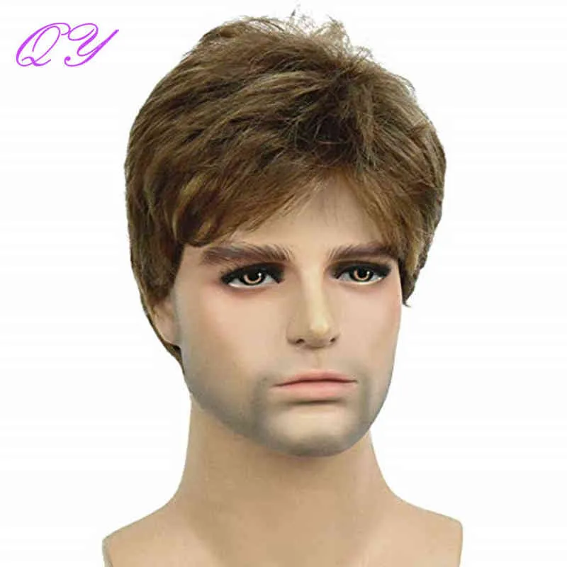 Men Hair Synthetic Brown Ombre Linen Color Short Straight Men's Wig Natural Fashion style for Man Daily or Party Adjustable Size 0527