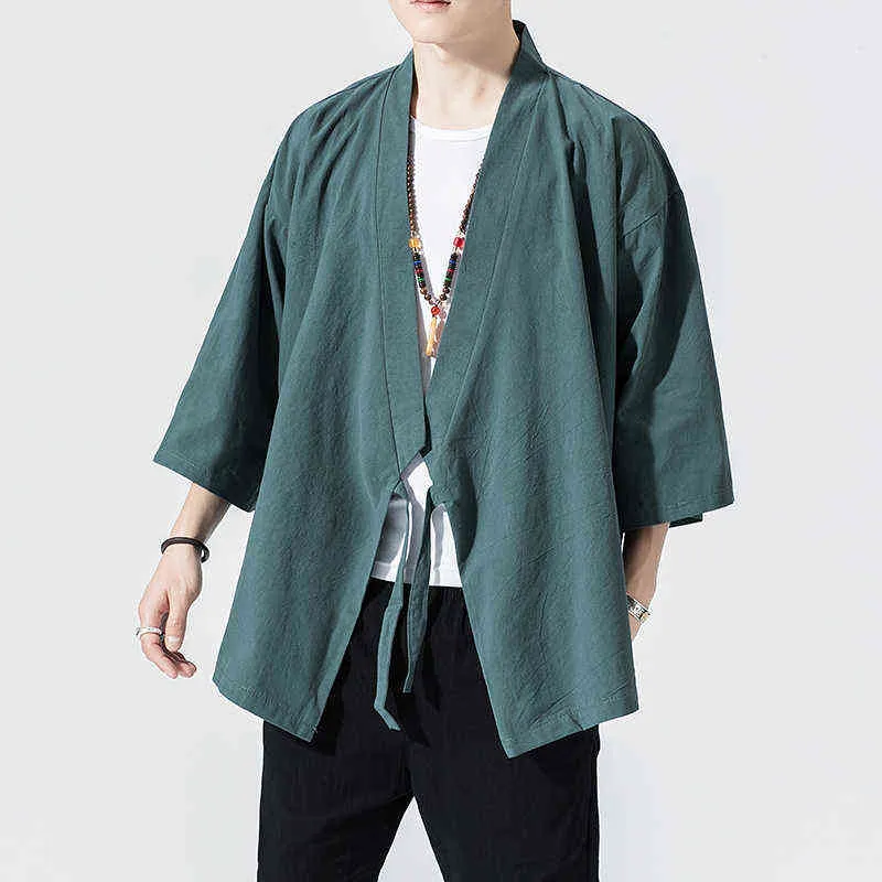 Männer Baumwolle Leinen Hemden Männer Kimono Traditionelle Offene Stich Hemd Männlich Drei Viertel Hülse Hemd L220706