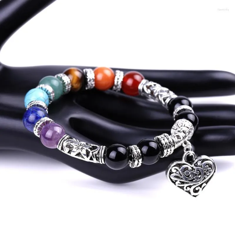 Brins de perles 10mm 7 Chakra coeur de pêche Bracelet hommes noir Onyx femmes mode détente charme femme bijoux Fawn22