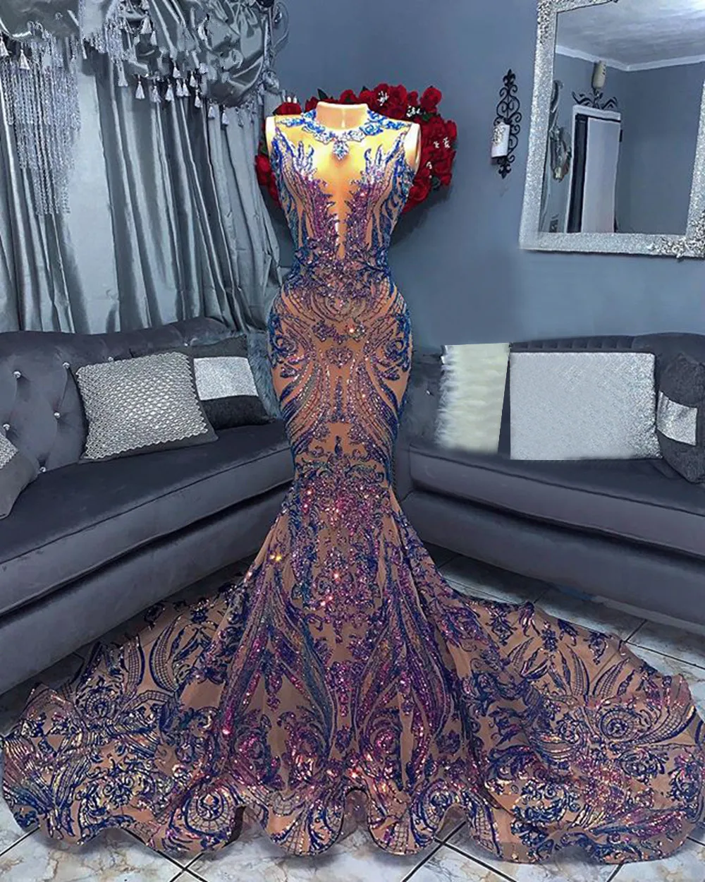 long prom dresses 2022 P3770 Long Red Prom Dresses 2022 Off The Shoulder Sexy High Slit Sequined African Black Girls Real Prom Gala Gowns With Side Train