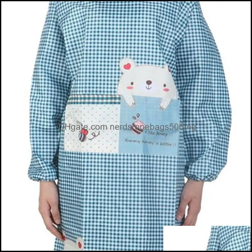 2020 New Adult Cute Lattice Aprons Long Sleeve Baking Apron Anti Oil Waterproof Animal Pinafore Pocket Kitchen Household Accessories 10hf