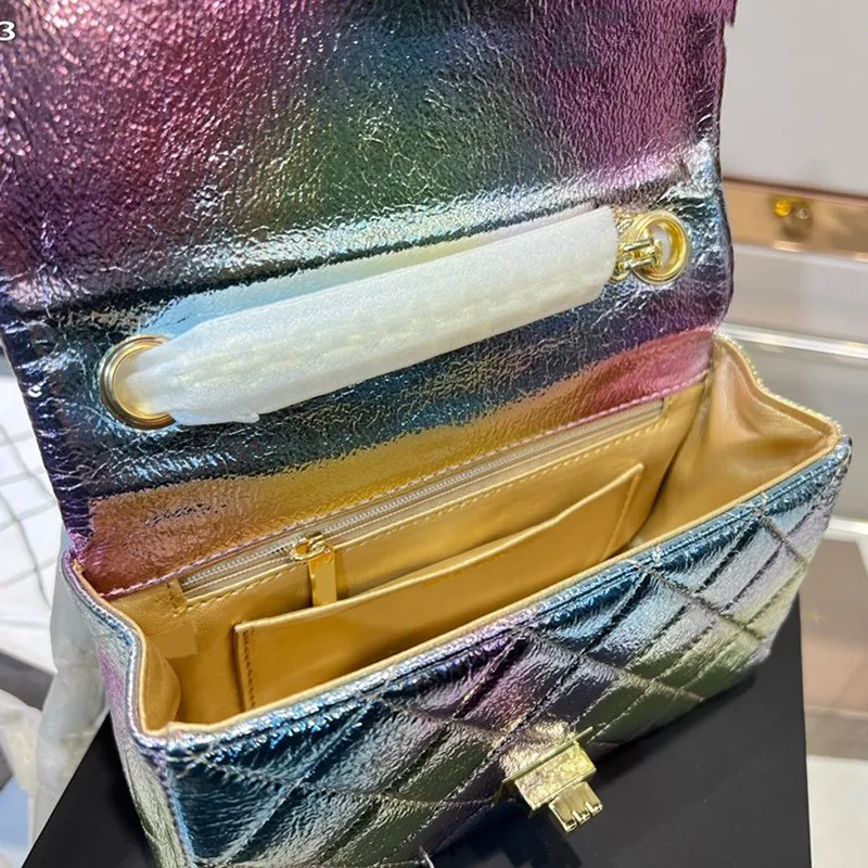 2022Ss Dyed Rainbow Gradient Metal Lambskin Bags Classic Mini Flap Quilted Top Real Leather Colorful Mermaid Princess Purse Outdoor Sacoche Designer Handbags 20CM
